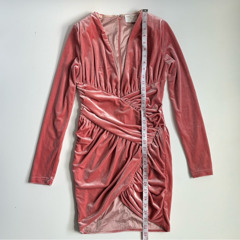 Miss Circle Velvet Velour Ruched Overlap Longsleeeve Mini Dress Salmon Pink - Picture 14 of 17